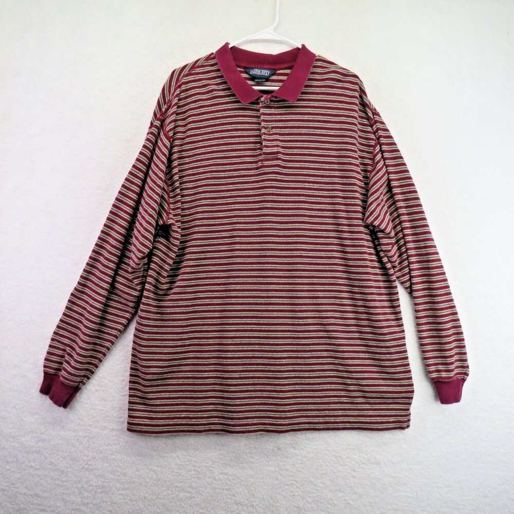 Lands' End Polo Shirt Mens XL Burgundy Gray Striped Long Sleeve Made in USA